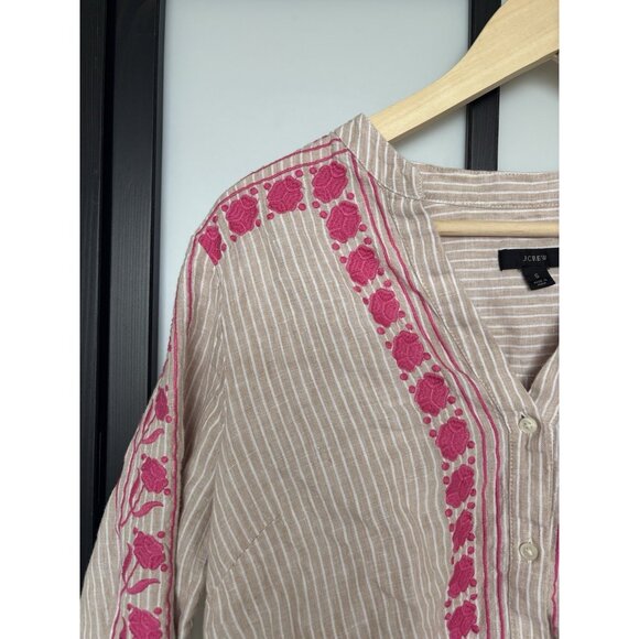 J. Crew Womens Linen Top SMALL Striped Button Up Shirt Embroidery - Picture 8 of 16